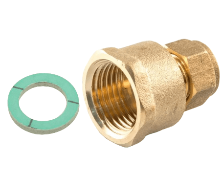 Brass compression fitting with a green fiber washer, designed for use with gas hobs. The fitting features a 10mm compression and 1/2" BSP female thread, ensuring a secure, leak-proof connection. The included green fiber washer ensures a proper seal without the need for additional sealants.