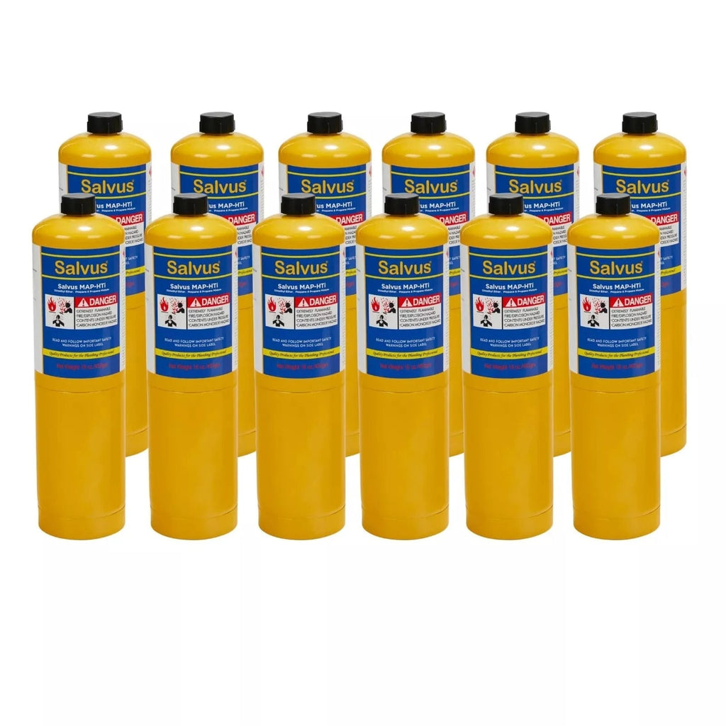 12 yellow MAPP gas canisters stacked together, designed for high-performance soldering, brazing, and welding tasks.
