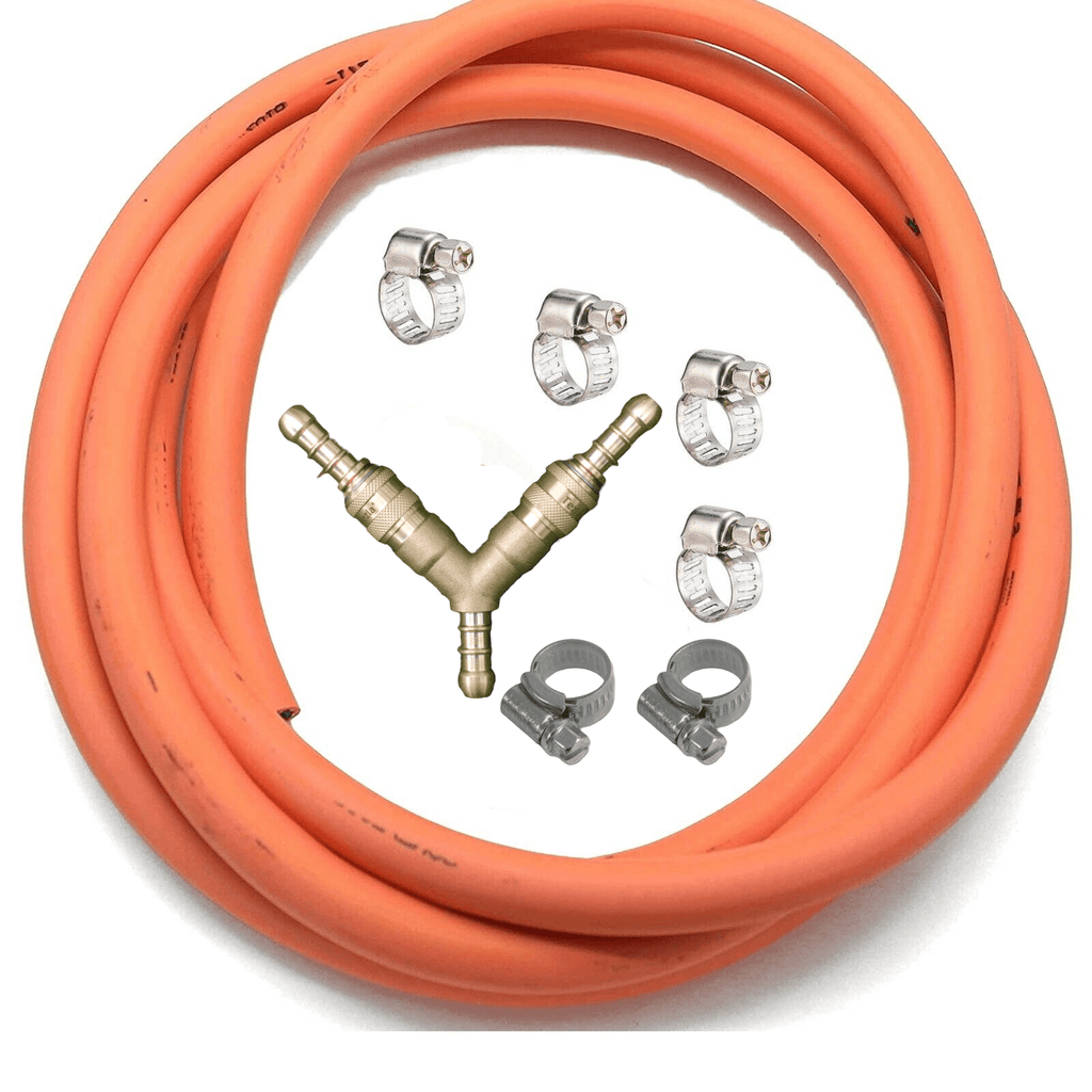 3 Way Quick Release Splitter Coupling Kit with 4 meters of 8mm LPG gas hose and 6 hose clips for secure gas connections.