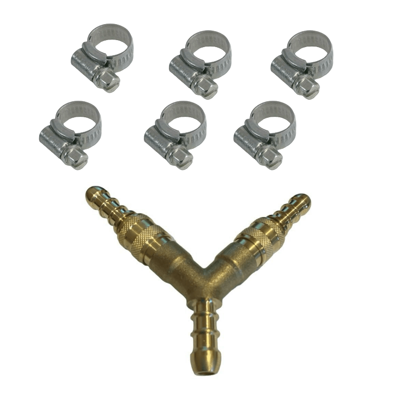 3 Way Quick Release Gas Hose Splitter Coupling with 6 Jubilee Clips for 8mm Propane/Butane Hose, ideal for connecting multiple gas appliances such as BBQs, camping stoves, and patio heaters.