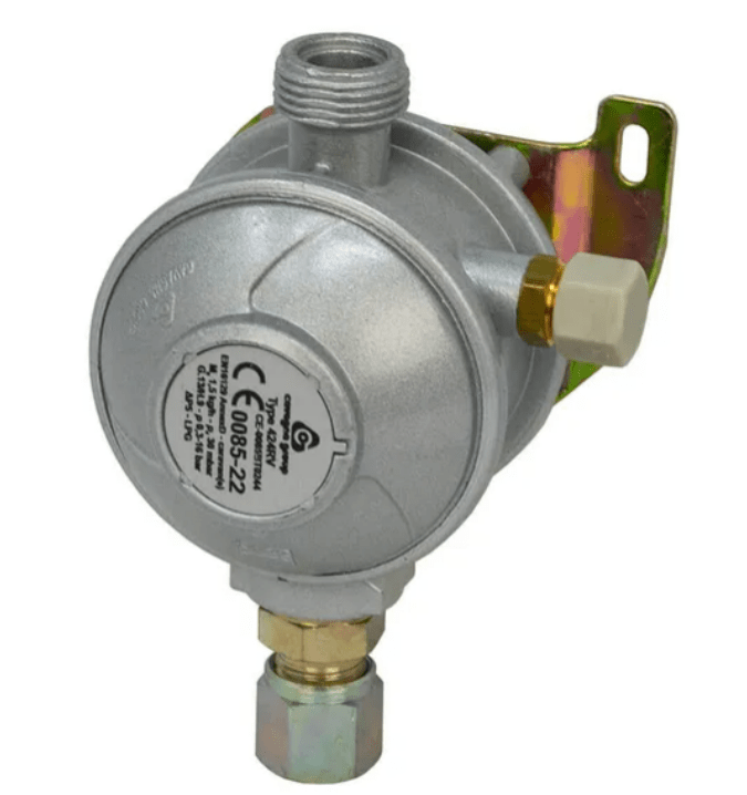 Cavagna 30mbar Gas Regulator displayed with included fixing plate and components, ready for installation in a caravan or motorhome.