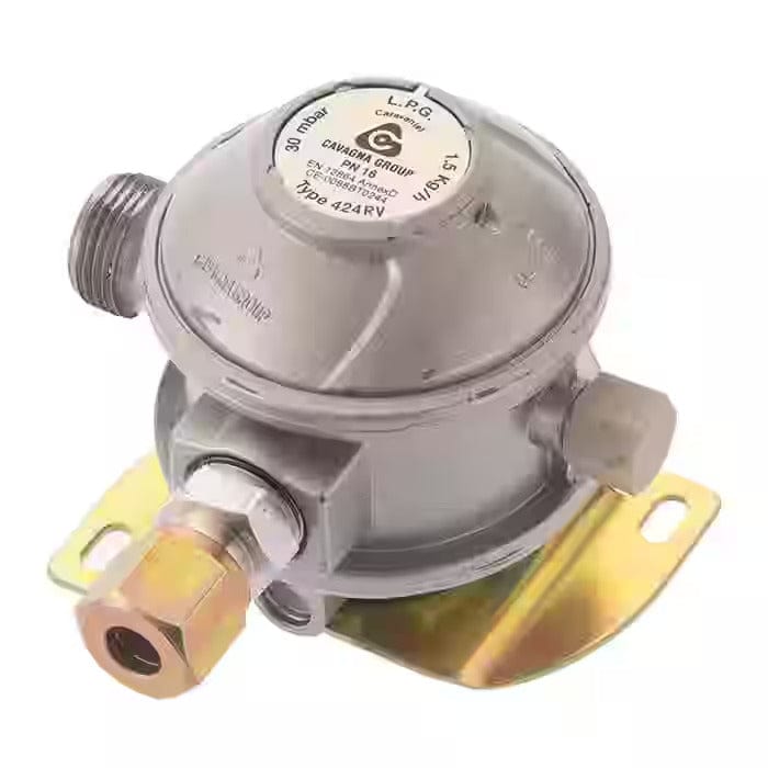 Front view of the Cavagna 30mbar Caravan Gas Regulator 8mm - Angled showing its compact design, connection fittings and angled feature.