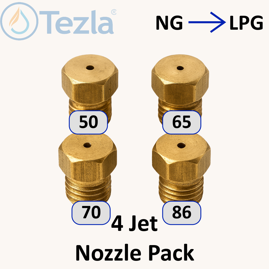 set of 4 brass gas jets labelled with the orifice size on a white background.