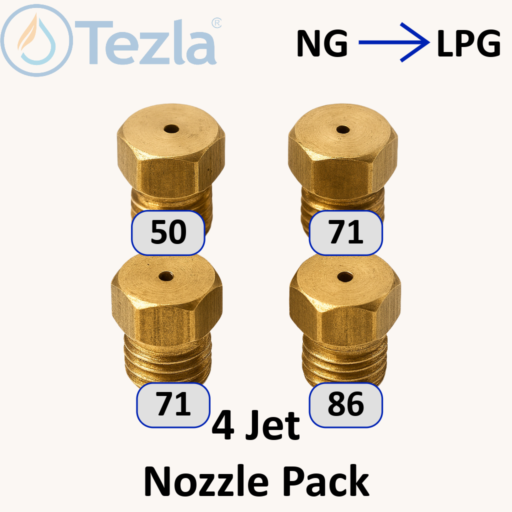 Tezla nozzle pack with four brass nozzles labeled 50, 71, 71, and 86 on a white background.