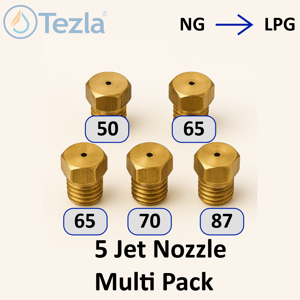 Set of five brass lpg jet nozzles with size labels on a white background, featuring the Tezla brand.