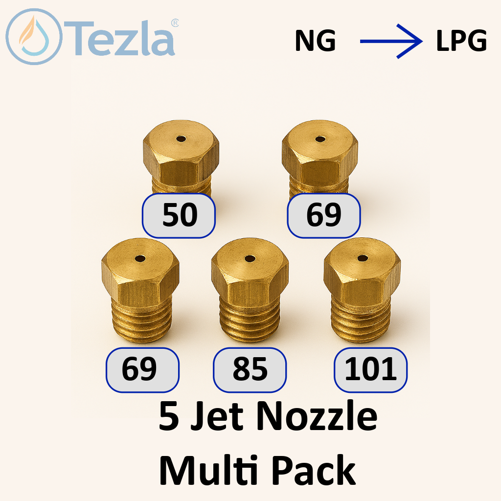 set of 5 brass jet nozzles labelled with their orifice sizes on a white background with the tezla logo behind.