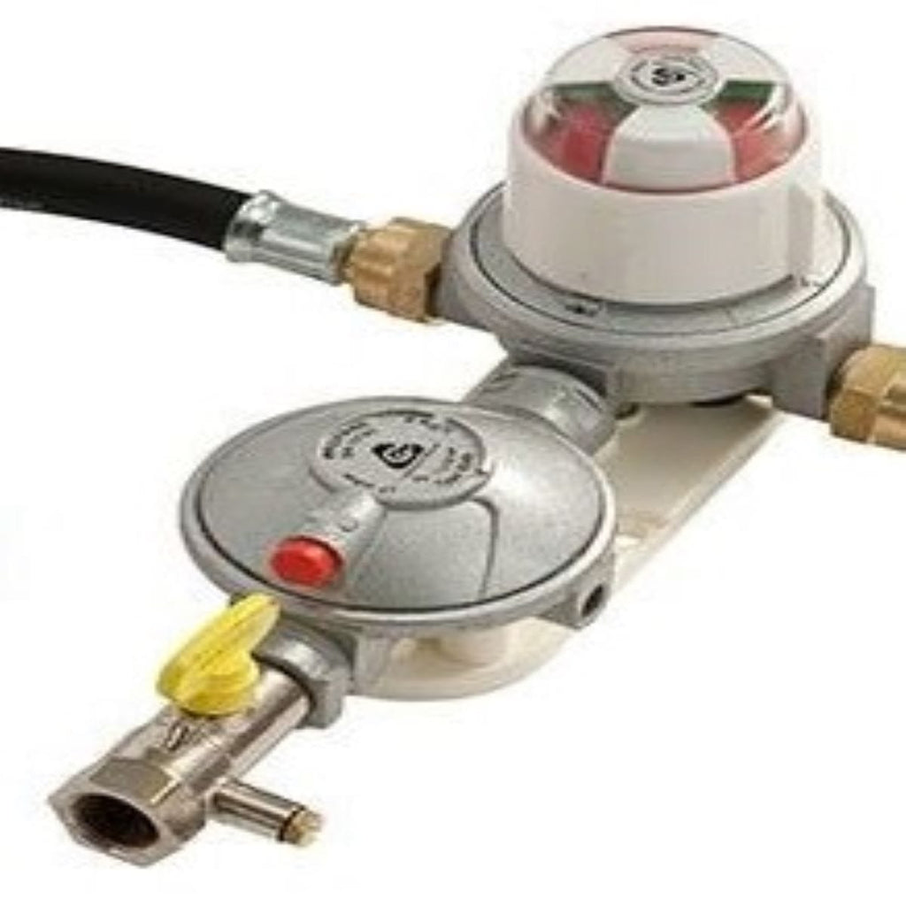 Cavagna Automatic Changeover LPG Propane Gas Regulator Kit with mounting bracket and shut-off valve, designed for seamless gas supply transitions.