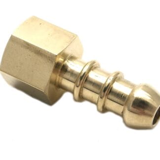 British-made solid brass gas fitting featuring a 1/4″ BSP female thread and a 10mm Fulham nozzle, designed for 8mm I/D hose.