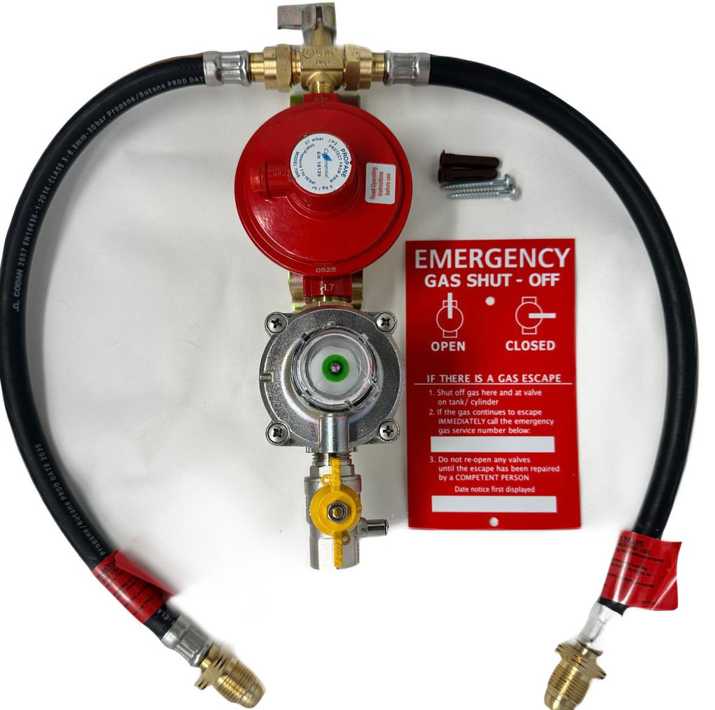 Gas Regulator fitted with opso safety and with emergency gas shut-off valve and hoses on a white background