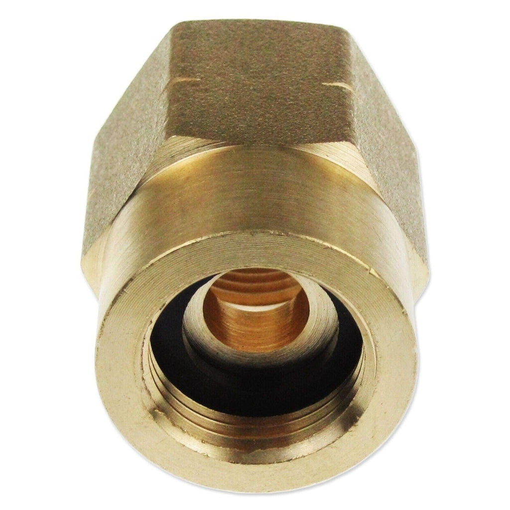 Close-up of a brass female adaptor for converting a 21.8mm Butane Nut to a standard propane POL, ideal for gas cylinders with left-hand thread fittings.