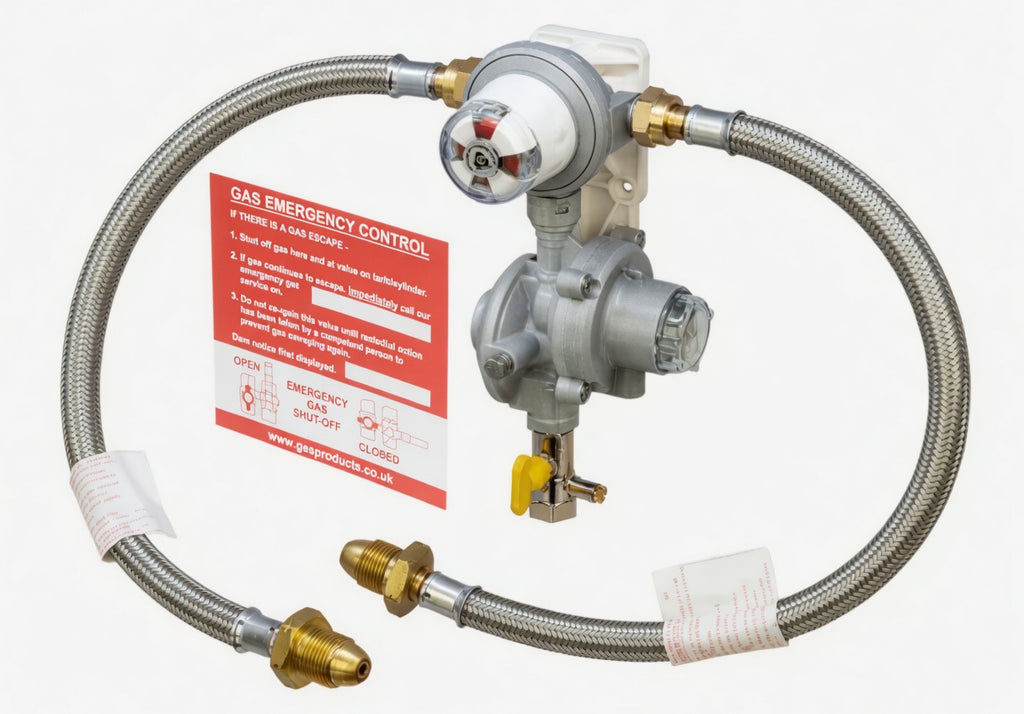 Cavagna Reca Twin Automatic Changeover LPG Gas Regulator with OPSO - Braided UK POL