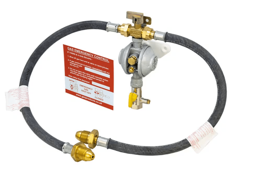 Full view of the Cavagna LPG Manual Changeover Gas Regulator Kit with OPSO, showing regulator, POL pigtails, testpoint ball valve, and emergency control plaque.