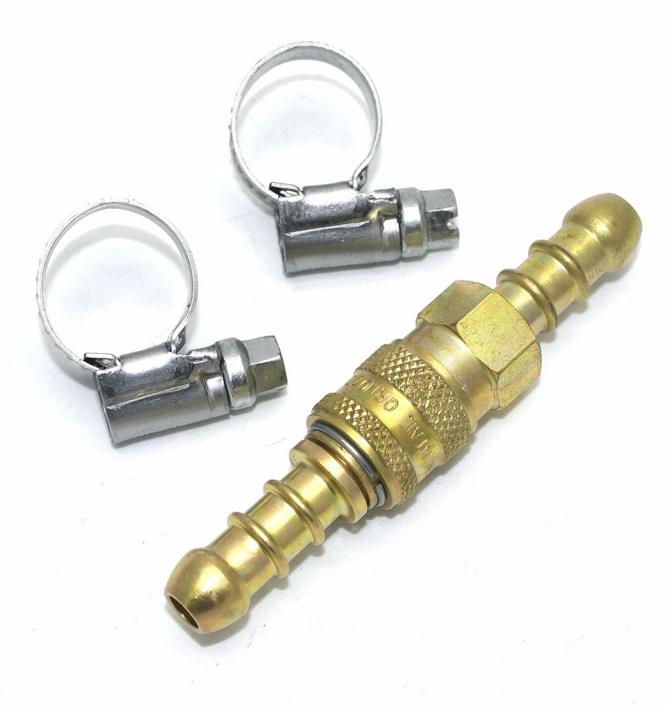 Image of an LPG Gas Quick Release Coupling Fulham Nozzle with 8mm nozzles on both ends, two worm drive clips included, and a 10mm outer diameter. The product is designed for use with LPG high-pressure gas hoses.