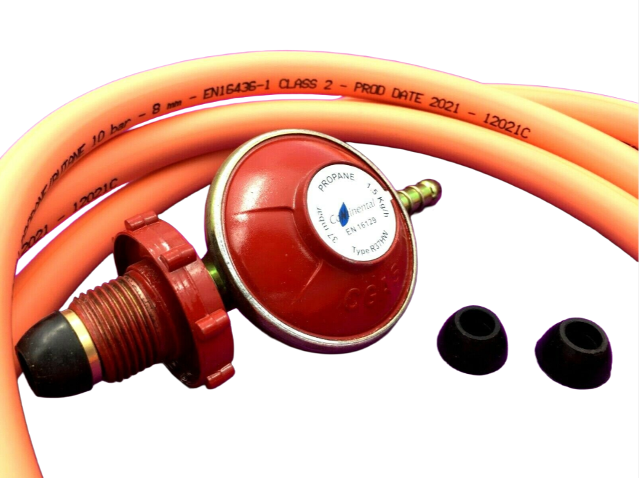 Hand Wheel Propane Regulator 37mbar + 2m 8mm LPG Hose + Oetiker Crimp Clips