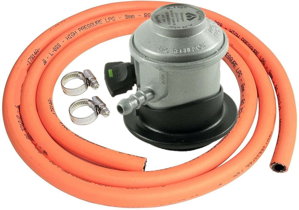 Kosan Jumbo Clip-On Butane Gas Pressure Regulator Kit with Rain Cap, 2m High Pressure Orange Hose, and Jubilee Clips for Gas Appliances