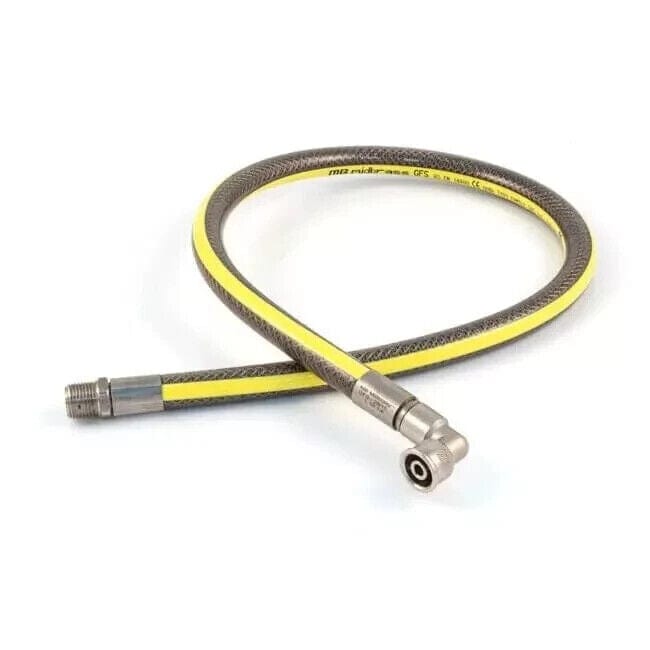 Yellow and black gas hose with metal angled micropoint end, 1.25 meters long, designed for LPG and natural gas connections.