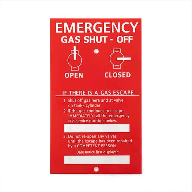 Warning plaque outlining instructions for gas emergency shut off procedures and safety steps to take in the event of a gas escape, ensuring safety and proper response.