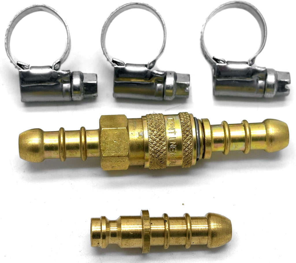 Close-up image of an 8mm gas hose quick release coupling, accompanied by a spare male end nozzle and three jubilee clips for secure fittings and connections.