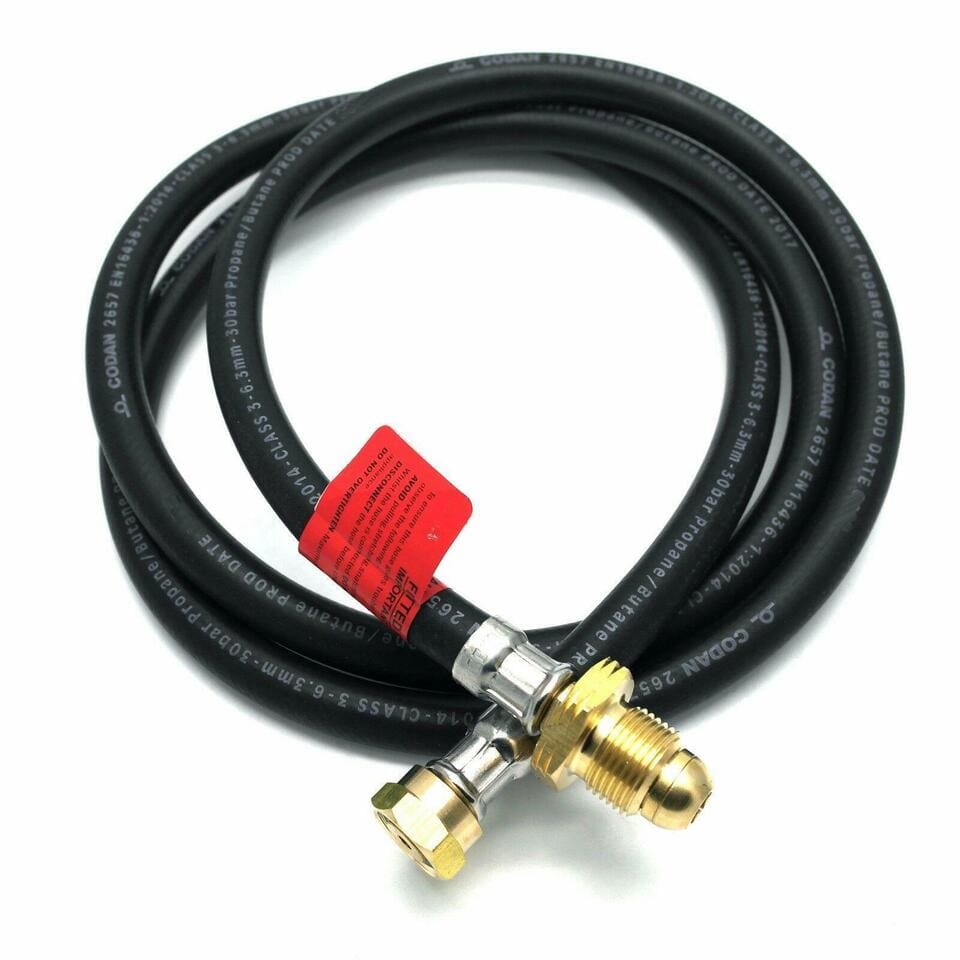 Close-up of 1.5m POL x W20 Caravan Gas Hose Pigtail with non-return valve, designed for LPG systems, compliant with EN16436-1:2014, ideal for caravanning and home use.