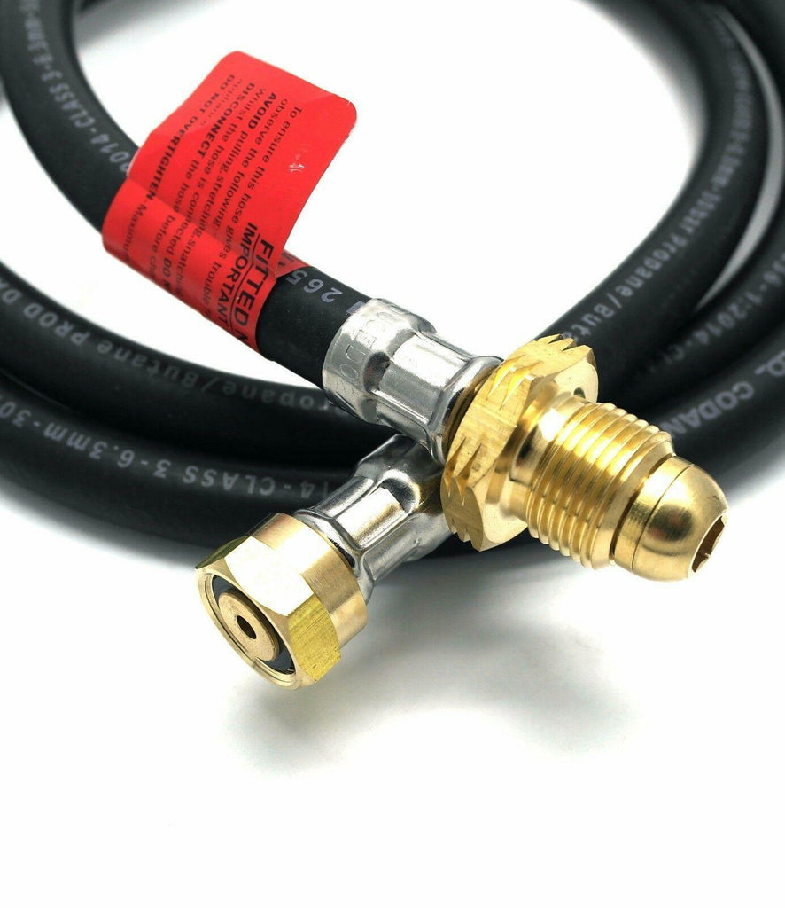 Close-up of 1.5m POL x W20 Caravan Gas Hose Pigtail with non-return valve, designed for LPG systems, compliant with EN16436-1:2014, ideal for caravanning and home use.