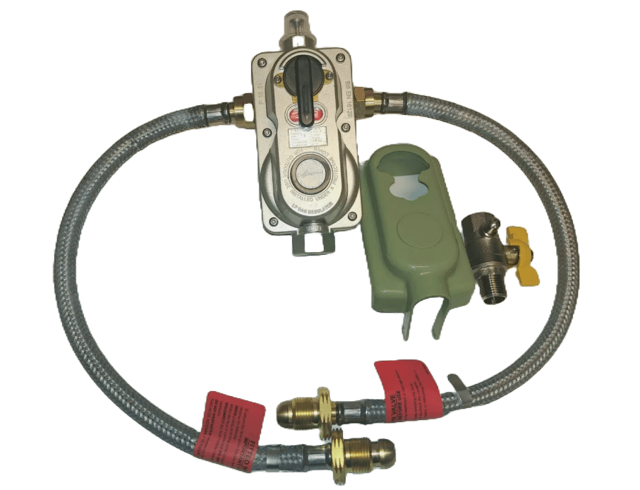 Bottled Gas Regulator with OPSO and braided pigtail hoses. Automatic changeover gas pressure regulator kit