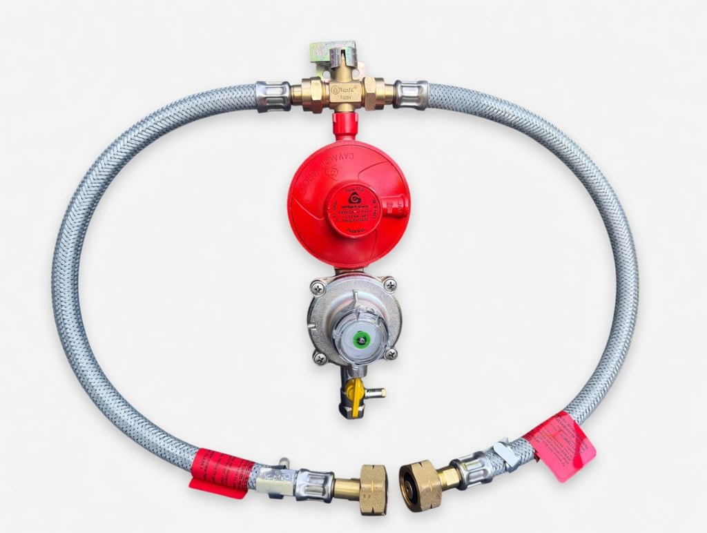 OPSO Twin Manual Propane Regulator Kit With Braided F-Valve Pigtails(Butane Nut) ROI