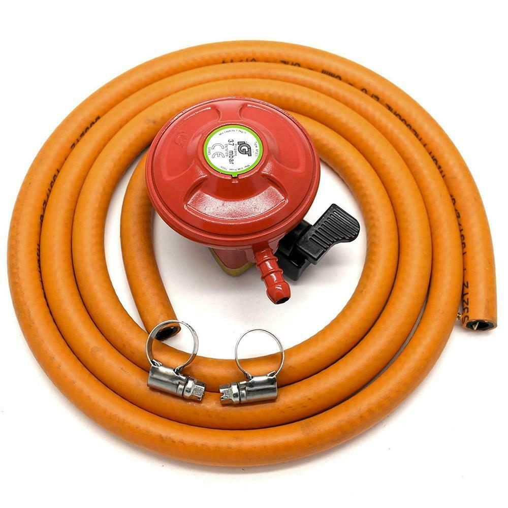 Propane 27mm Clip-On Regulator Kit with 2-meter LPG hose and two jubilee clips, ideal for 13kg and 5kg Calor gas patio cylinders.