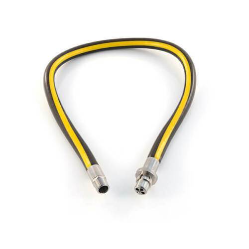 Close-up of a yellow and black gas cooker hose with a straight bayonet fitting. The hose is made from durable, braided stainless steel with a PVC coating, designed for use with LPG and natural gas appliances.