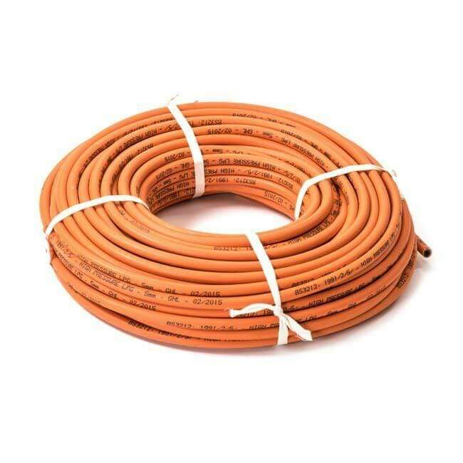 50 meter roll of 8mm high-pressure LPG gas hose for home, campervan, motorhome, and outdoor appliance use, reinforced orange rubber hose with BS 3212 standard