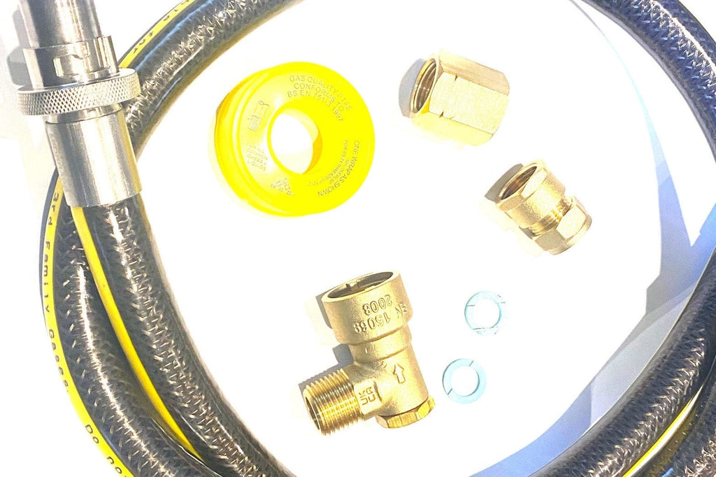 Complete Beko Gas Cooker Installation Kit including bayonet hose, inlet adaptor, PTFE tape, compression fitting, and angled bayonet fitting.