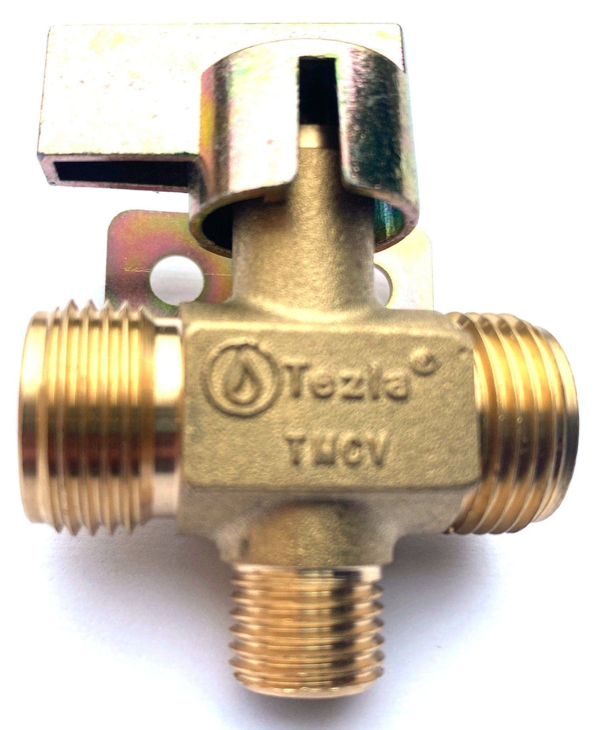 Detailed image of the Manual Changeover Valve showing base thread and 1/4" male connection for regulator installation.