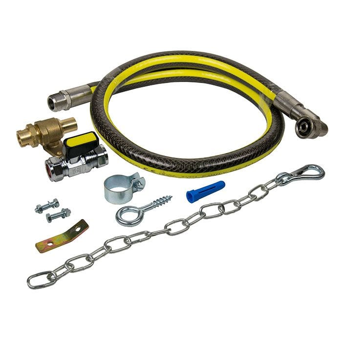 Micropoint Universal Gas Cooker Installation LPG Kit components: 1 metre Micropoint cooker hose, Micropoint socket and backplate, stability chain, and 15mm x 15mm mini ball valve, arranged neatly for easy identification.