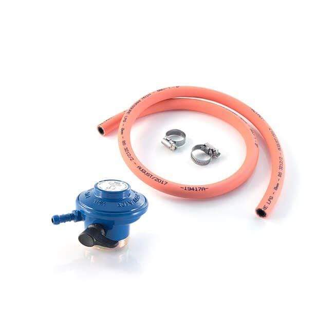Clip-on Butane Regulator and Hose Kit for BBQs, Patio Heaters, and Outdoor Appliances. Includes a low-pressure regulator, stainless steel hose clips, and a 2-meter orange hose for a secure connection to a 21mm gas bottle.