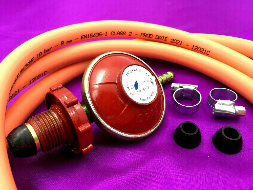 Hand Wheel Propane Gas Regulator Kit with 37mbar regulator, 2-metre 8mm inner diameter hose, and two clips for secure installation. Ideal for propane appliances, offering high pressure, tool-free adjustments, and compliance with BS3212 Type 2 safety standards.