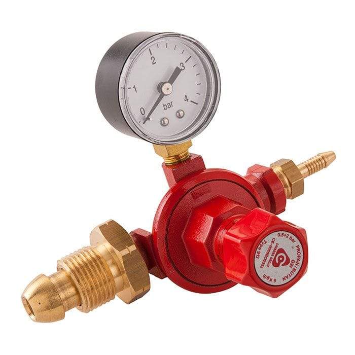 Red Cavagna propane regulator with gauge, featuring adjustable 0.5 - 2 bar pressure range and a 6.3 mm nozzle. Designed for reliable gas control in appliances.